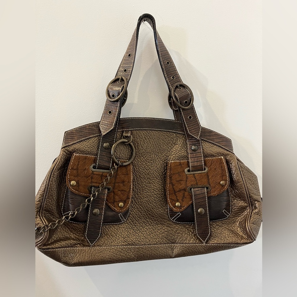 Claudia Firenze Handbag 👜 Satchel Leather Fur Chain Made in Italy